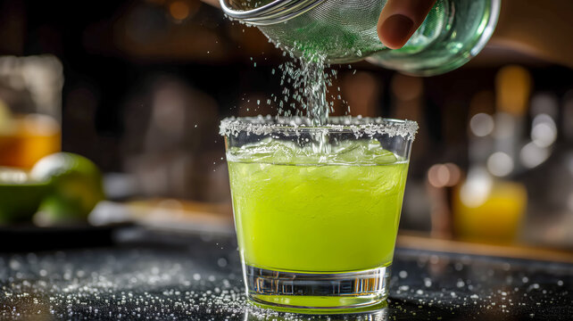 Green Cocktail Creation: Watch as a bartender adds a final touch to a bright green drink with a salted rim in a vibrant bar setting.