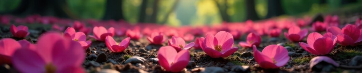 Obraz premium Petals of plum-colored flowers scattered on the forest floor, wildflowers, plants