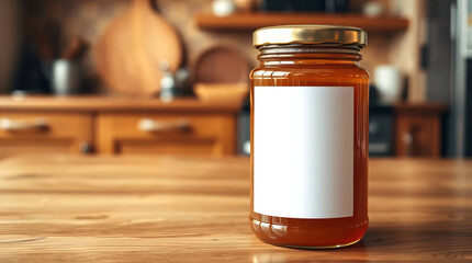Mockup of honey jar with blank label on wooden table. Blurred kitchen background.