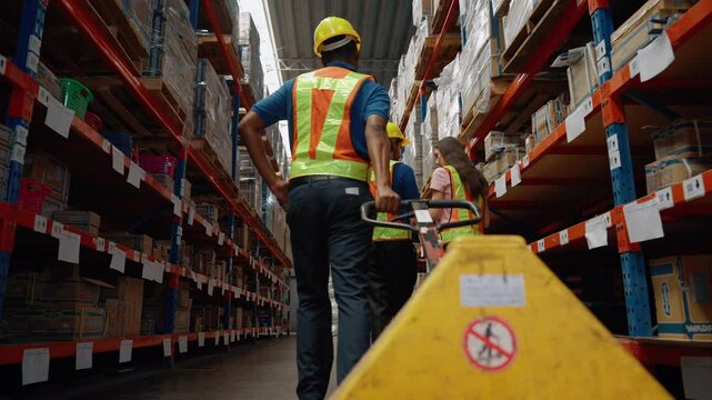 Warehouse workers are pulling carts to move boxes of merchandise to be arranged on shelves in a warehouse.