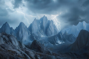 Dramatic mountain range illuminated by a powerful thunderstorm.