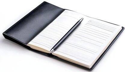 A sleek black notebook with a pen resting on an open page, ideal for jotting down notes or ideas.