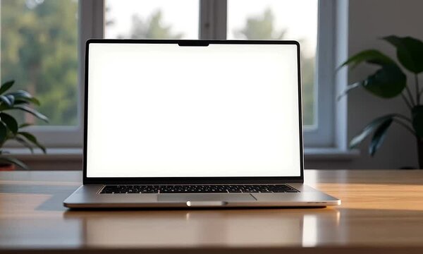 Blank Laptop Screen on Wooden Desk Near Window