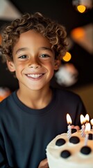Naklejka premium A boy celebrating his birthday in front of a cake