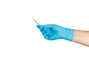 Dentist hand with dentist tools and healthy white tooth model on background. Dental care, dental...
