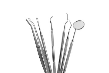 Dentist tools isolated on white background. Dentist Concept.Teethcare, dental health concept. Means to care for the oral cavity. Dental model and dental equipment. Dental hygiene. 
