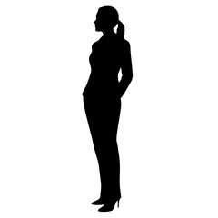 Fototapeta premium Silhouette of a woman in business attire standing with hands in pockets on isolated white and transparent background, concept for business profile, corporate identity, and branding presentations