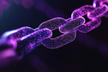 A shimmering purple chain of digital data links, symbolizing secure connections and unwavering strength in a dark, mysterious digital realm.