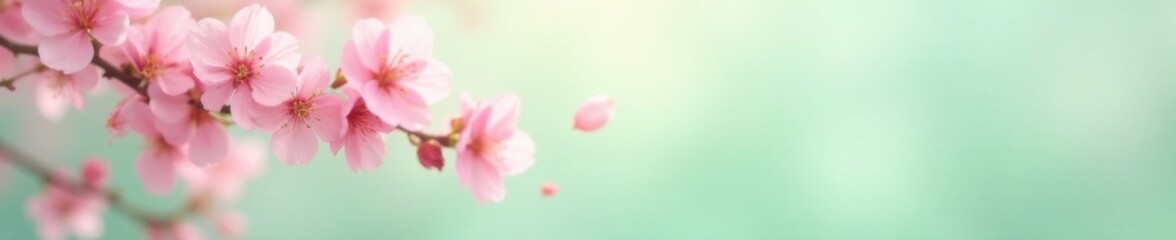 delicate pink sakura petals drifting gently on a soft pastel green background , pastel, fall, flowers