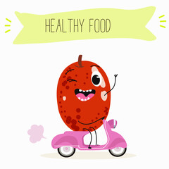 Red plum berry fruit. Natural vitamin antioxidant detox food collection. Vector hand drawn illistration.