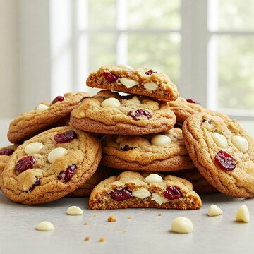 A pile of white chocolate and cramberry cookies 