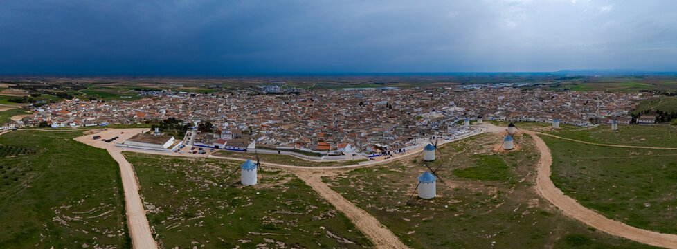 Aerial view of the windmills of Campo de Criptana, Ciudad Real, Castilla-La Mancha, Spain