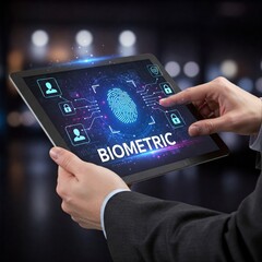 Fototapeta premium Businessman using a tablet to analyze biometric data for security authentication, identity verification, access control, and fraud prevention, ensuring accurate and reliable identification processes.