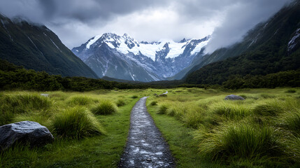 A tranquil hiking trail through a serene alpine valley with snow-capped mountains in the background.