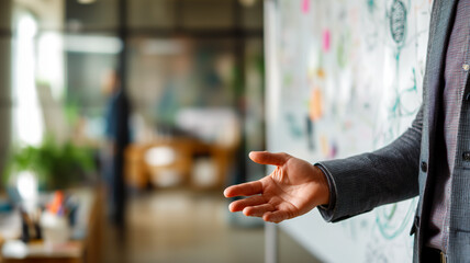 Presentation in Progress: A person gesturing towards a whiteboard with ideas and brainstorming in a modern office space.