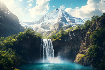 Fototapeta premium Majestic mountain waterfall cascading into a serene alpine lake.