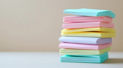 A vibrant stack of pastel-colored sticky notes sits neatly arranged on a light beige surface, showcasing a delightful array of soft hues perfect for organization and creative