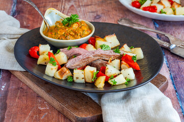 Lamb with smoky pepper sauce and saute potatoes