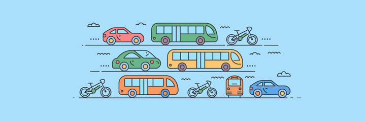 Transportation icons in line style on blue background – Perfect for travel platforms, vehicle navigation tools, or transport-related branding.