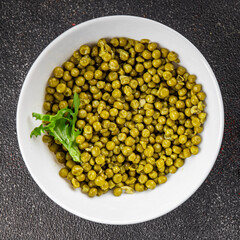 Green peas canned appetizer vegetables dish organic product fresh tasty gourmet food background on the table rustic food top view copy space keto and paleo diet vegetarian and vegan food