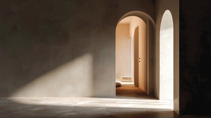 Minimal entry hallway with arched door and no furniture  