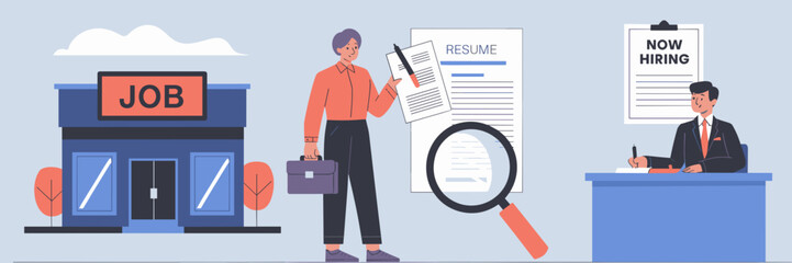 Career and job search process with person, building, and hiring sign