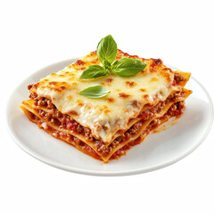 Italian lasagna slice with layers of pasta, meat sauce, cheese and basil garnish isolated on transparent background.