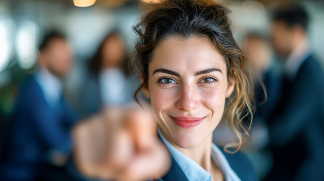 Engaging business professional points directly at the viewer with a direct gaze, fostering a connection and confidence.