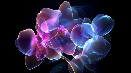 Abstract, ethereal orchid blossoms in vibrant neon hues.