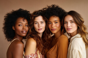 Fototapeta premium Beauty. Group Of Diversity Models Portrait. Multi-Ethnic Women With Different Skin Types Posing On Beige Background. Tender Multicultural Girls Standing Together And Looking At Camera. 