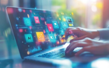 Modern digital workspace with interactive data visualization on laptop screen.  Hands typing on keyboard