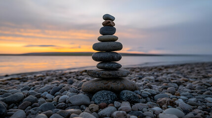 Stacked Stones On Beach At Sunset