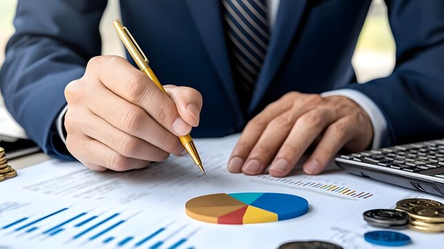 A person in a suit analyzes financial data with a pen on a document featuring graphs and a pie chart, alongside coins and a calculator.