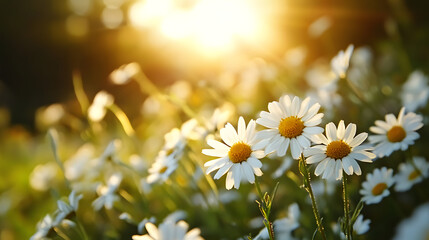 A vast meadow filled with blooming wild daisies, gently moving in the summer wind with a sunlit backdrop.