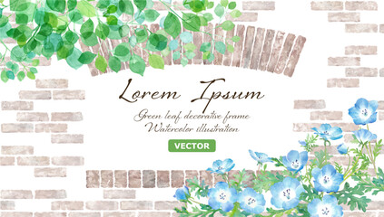 レンガ壁と窓を背景にした、新緑の枝葉とネモフィラの水彩イラスト。ナチュラルなフレームデザイン。（ベクター。レイアウト変更可能）