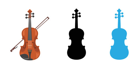 Set of three black silhouettes of violins isolated on a white background. Vector illustration, violin silhouette on white background, Violin and Bow, Classical violin with bow - string musical. © Parboti