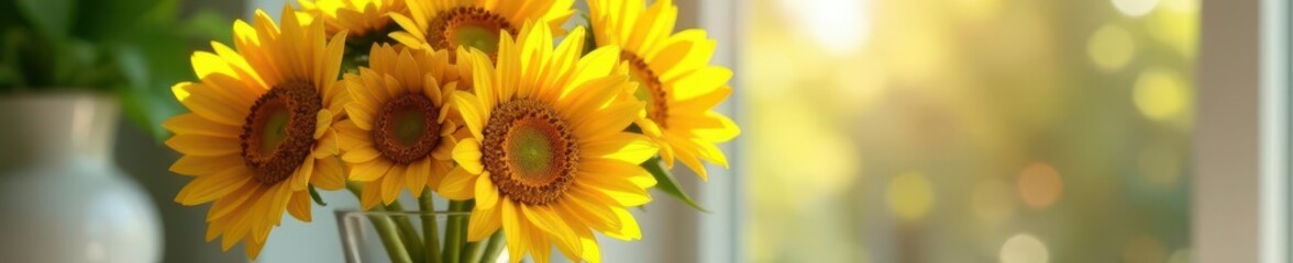 Fototapeta premium Sun-drenched sunflowers overflowing a simple glass vase , image, still life, home