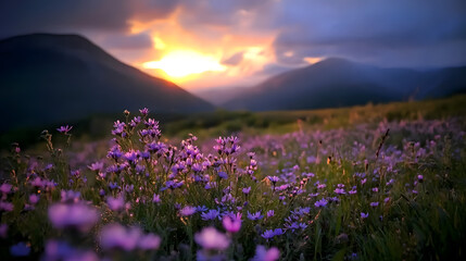 A vast mountain plain covered in soft pink and purple wildflowers under golden light.