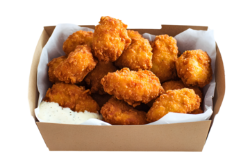 Golden, crispy pieces in a cardboard container with dip. Perfect for snacking or a quick meal on the go