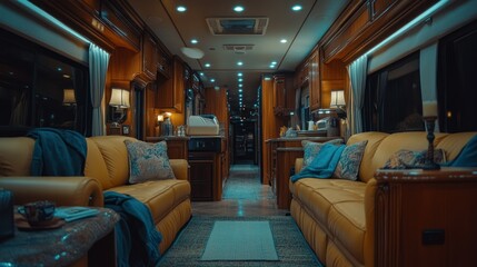 Interior view of a luxurious recreational vehicle with elegant furnishings