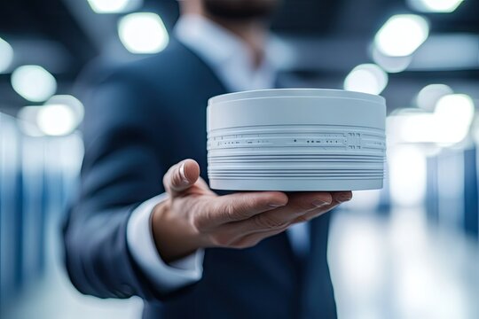 Man presenting a sleek, cylindrical technological device - Powered by Adobe