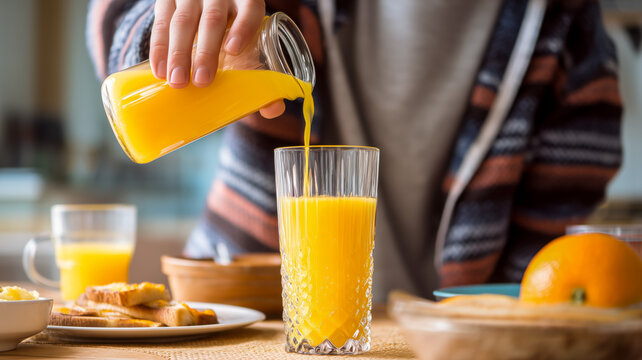 Refreshing citrus drink being poured into a glass, with breakfast foods surrounding on a wooden table.