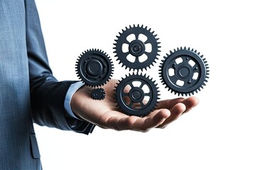 A hand holding interconnected gears, symbolizing teamwork and collaboration in business