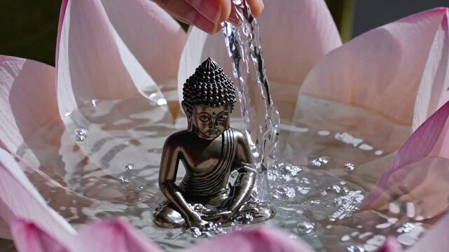 Buddha statue receives gentle ablution in quiet courtyard, buddha symbolizing inner cleansing, buddha inspiring serene devotion for worshippers honoring ancient rituals worldwide.