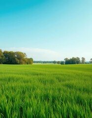 Vast emerald meadow, distant trees under a clear sky, earth, sky, environment