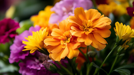 Fototapeta premium A vibrant and colorful bouquet of mixed geraniums and marigolds.