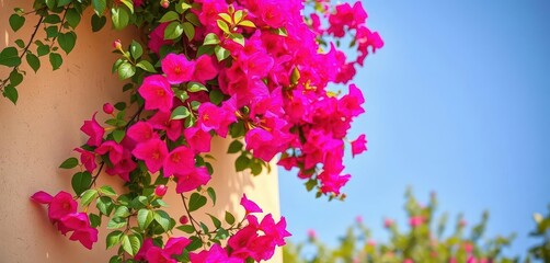 Vibrant bougainvillea cascading down beige wall, nature, flowers