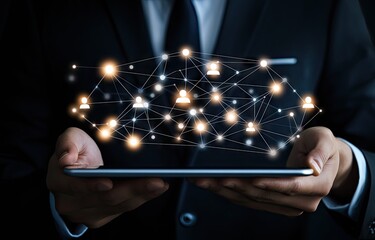 Businessperson displays interconnected network on tablet