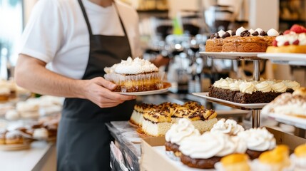 Naklejka premium A Dedicated Café Worker Serves Delightful Pastries at a Local Bakery, Enhancing the Customer Experience with Freshly Made Treats
