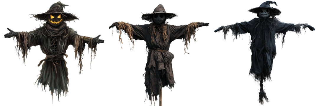 Set of A charming, hand-painted watercolor scarecrow with a mischievous grin, straw sticking out from on transparent png background. Ai generated